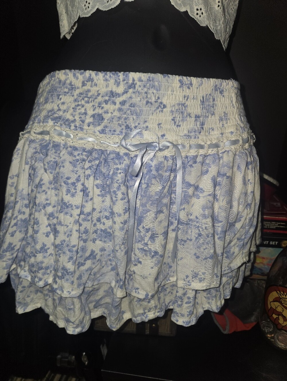 Hollister Blue Floral Smocked Tiered Mini Skirt Ribbon Trim Coquette Small